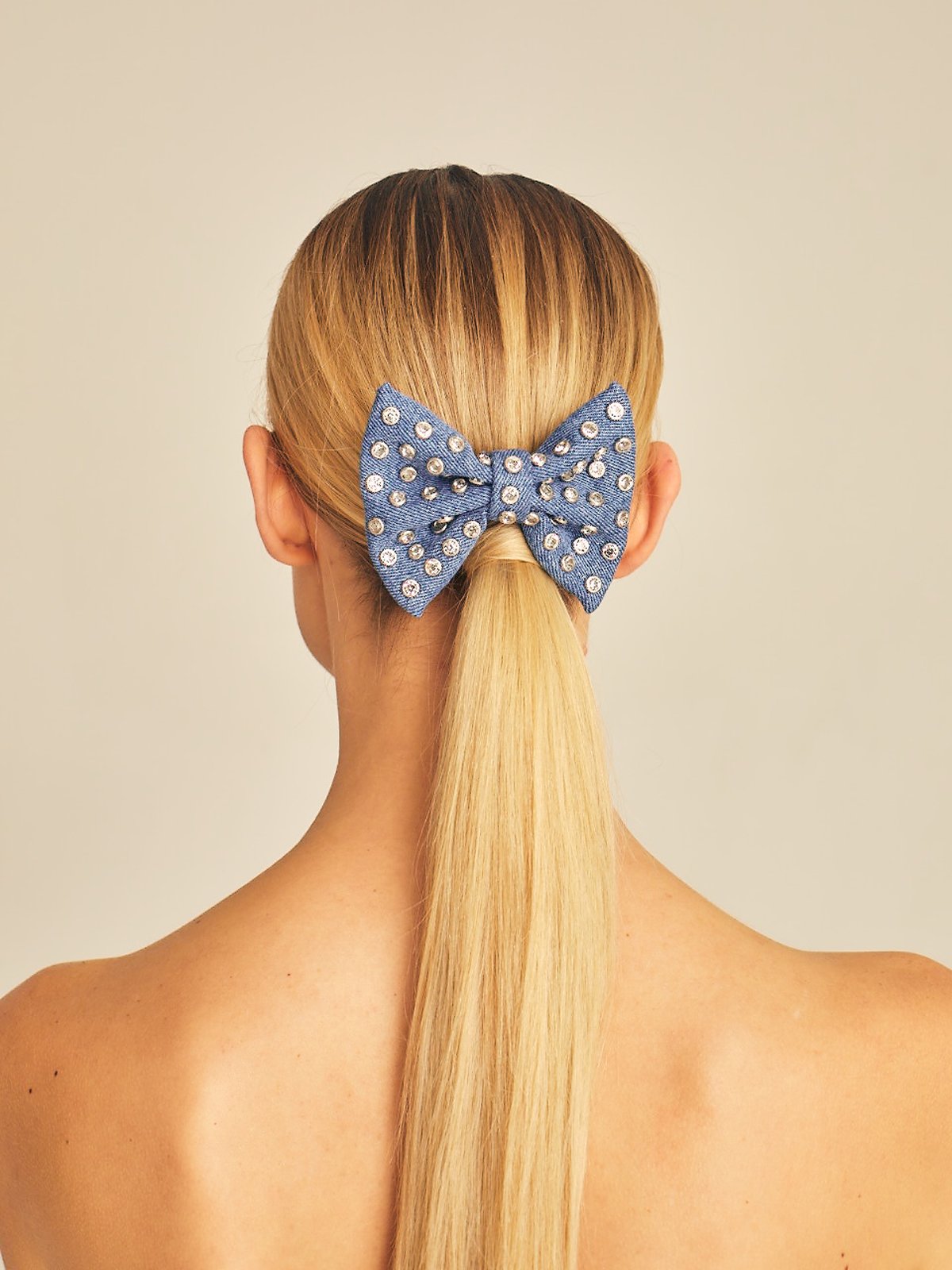 STUDDED DENIM BOW