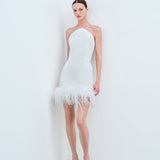 KATY - BACKLESS OSTRICH FEATHER TRIMMED MINI DRESS